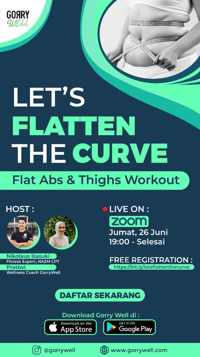 Jangan ketinggalan hari ini free workout session bareng 
<a href="/gorry_well/">Gorrywell</a> yang dipandu langsung oleh Fitness Expert, kamu cukup menggunakan peralatan yang ada di rumah 💃Daftar sekarang juga di bit.ly/letsflattenthe… See you on zoom!