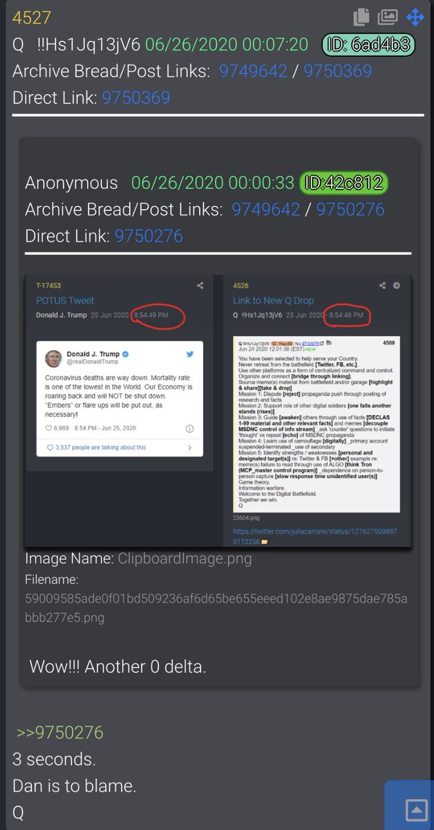  #QAlert 6/26/20 Q4527Wow!!! Another 0 delta.>>97502763 seconds.Dan is to blame.Q @DanScavino  @POTUS  #QAnon  #WWG1WGA  #QArmy