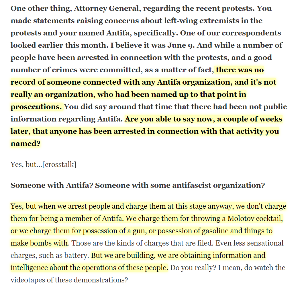 For anyone claiming that no member of ANTIFA has been arrested or charged yet, AG Barr explains that is misguided. They are arresting them and charging them with initial crimes and building intelligence about their operations.
