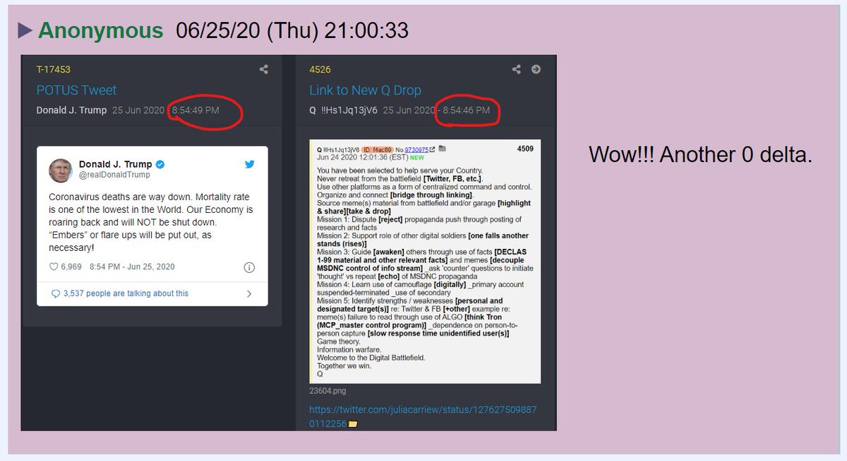82) Q and the President posted within 1 minute of each other and Q posted first. (Anons call this a zero delta.)