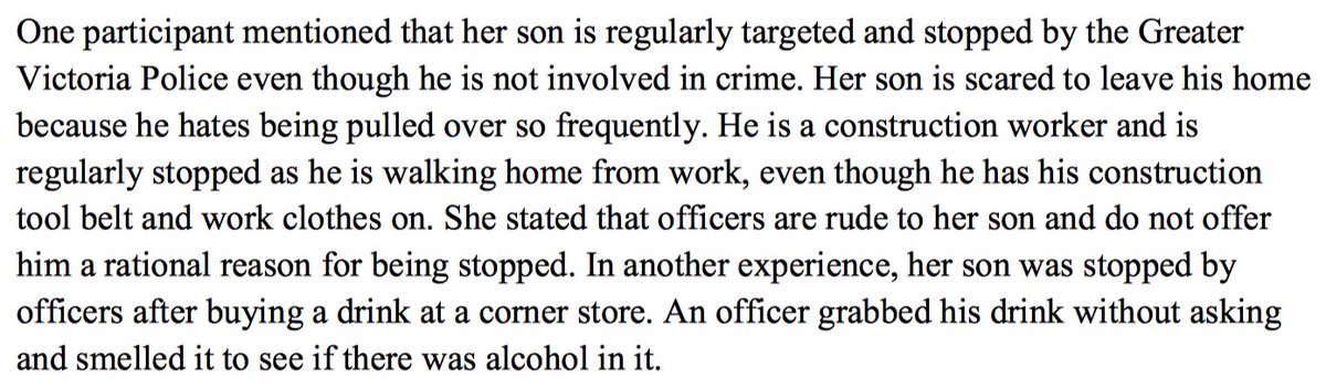 The rest of this thread is about  #yyj and the VicPD street checks report. Here are excerpts from Michael Regis’s report about experiences with  #yyj policing:  https://static1.squarespace.com/static/586980d4d2b857fd0d24c5fb/t/5e66c2914e508a20d3488198/1583792788737/Michael+Regis+Report.pdf