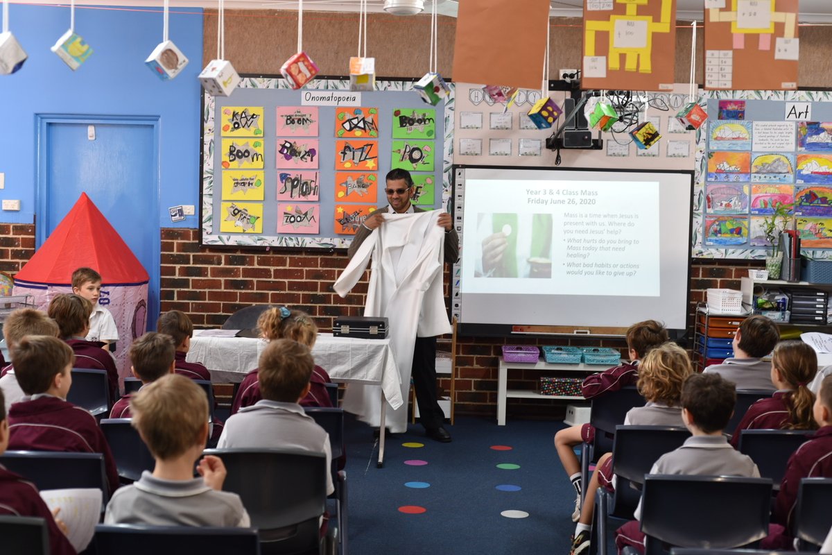 Today Yr 3 &amp; 4 celebrated a class mass with Fr Bernard in the Yr 3 classroom. During the Homily, the students were outstanding in displaying their knowledge of the Eucharist to Fr Bernard.  Fr even said that he didn’t have anymore to teach them! #smallschoolbigheart <a href="/CatholicEdWA/">Catholic Education WA</a>