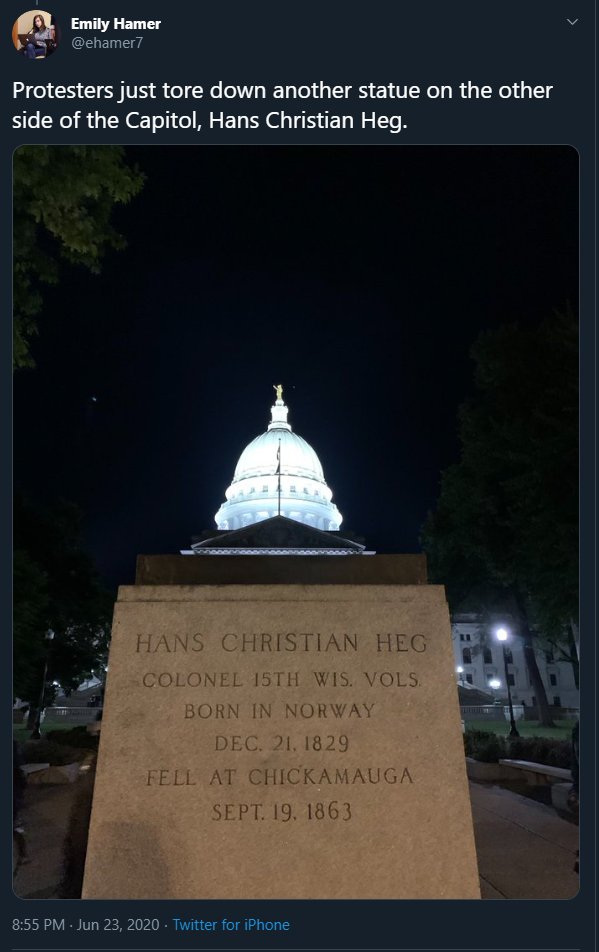 Now a significant news development happened at the same time on June 23/24th. The Heg statue was ripped down around 10:55 PM Wisconsin Time (8:55 PM my time) on June 23rd.