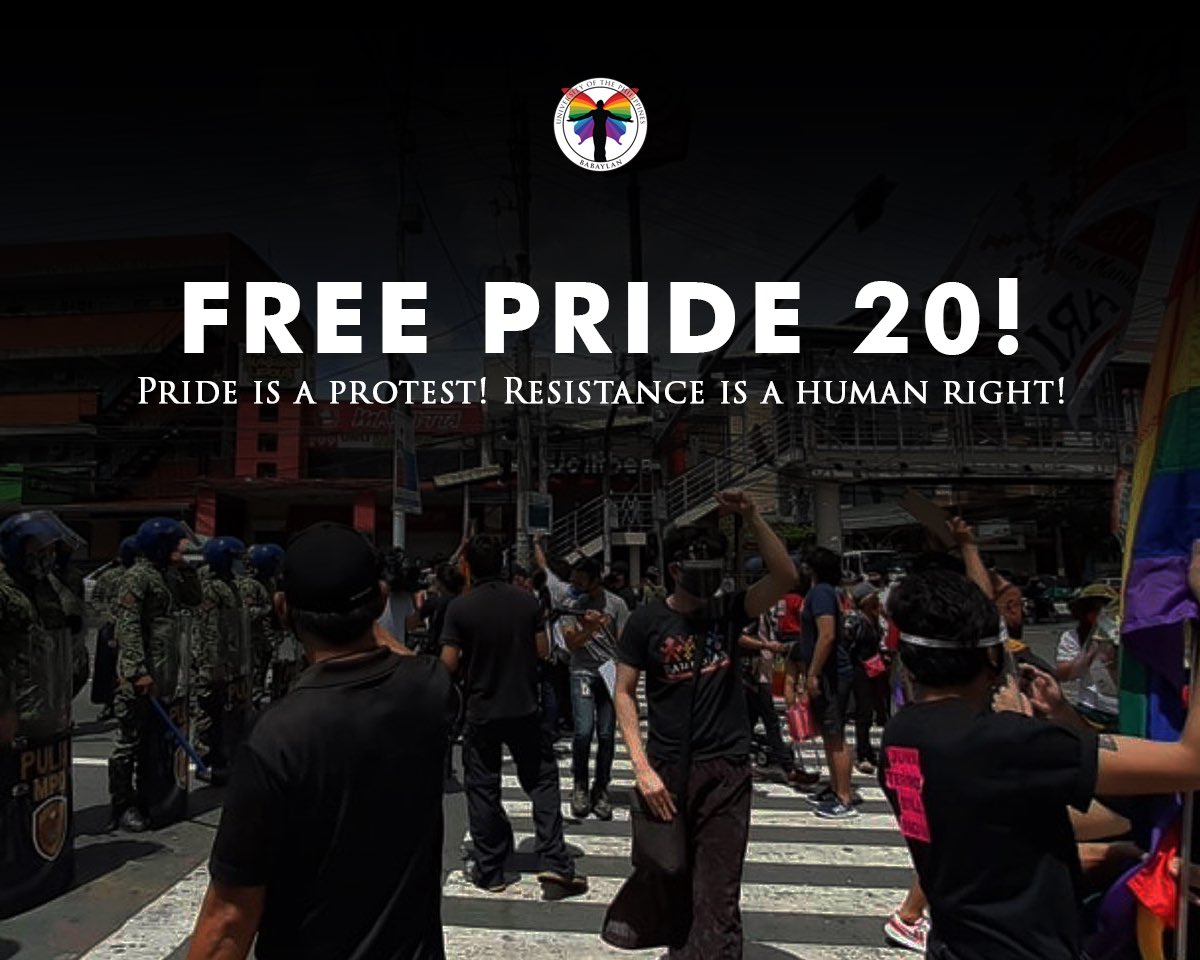 upbabaylan's tweet photo. PRIDE IS RESISTANCE, AND TO RESIST IS A HUMAN RIGHT! ✊🏻🏳️‍🌈 

We condemn the unlawful arrest of our LGBTQI siblings and allies who marched for equal rights at Morayta today. 

We urge our allies to stand in solidarity with us in calling for their immediate release‼️
 
#FreePride20 https://t.co/ekN3wSL8mf