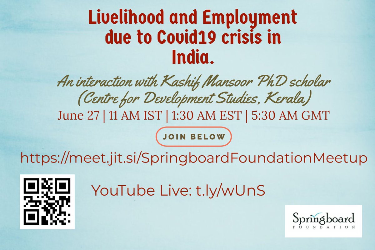 board_spring's tweet photo. Join us this Saturday at 11 AM EST  along with Kashif for an interesting discussion on ‘livelihood and ‘employment ‘ in this COVID19 crisis. ⁦@horn_ok_peace⁩ ⁦@TataCenterMIT⁩ ⁦@working_india⁩ https://t.co/dQUWfdpNVT