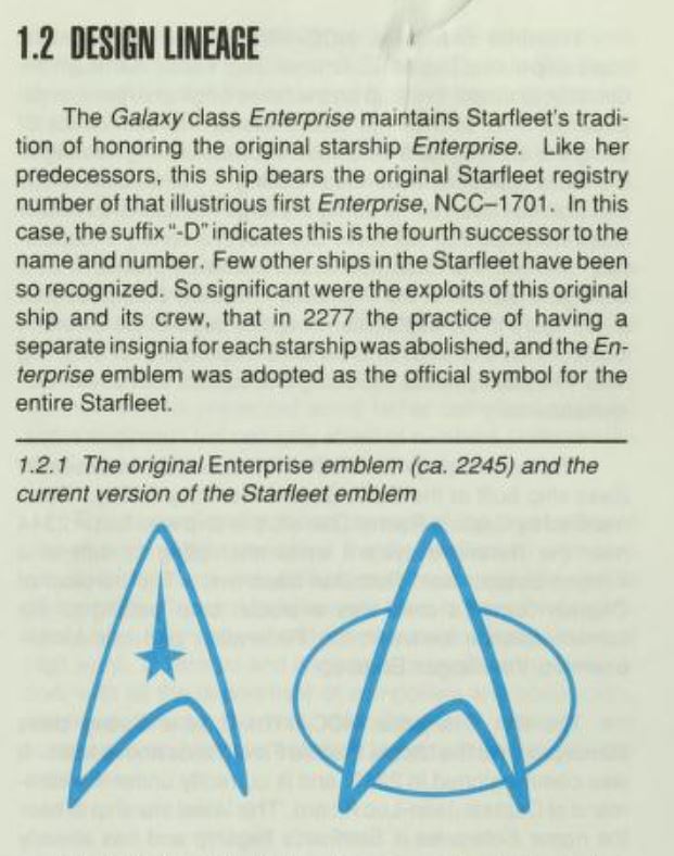 So common is the idea that each starship had a unique insignia that  @ricksternbach and  @MikeOkuda’s Star Trek: The Next Generation Technical Manual (1991) invented an explanation why the insignia got standardized, starting with Star Trek—The Motion Picture (1979).  #StarTrek  