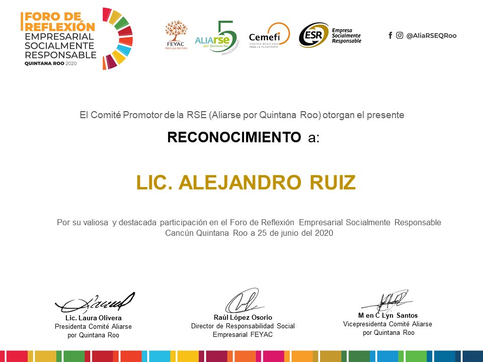 alexruiz007's tweet image. Celebrando los 5 años del Comité Promotor de la RSE @aliarseqroo en el marco del Foro de Reflexión Empresarial Socialmente Responsable 2020!
#EncuentroESR #YoSoyESR #DistintivoESR #AliaRSEQRoo #RSE #Cemefi #ESR #ASPY2030 #Alianza2030