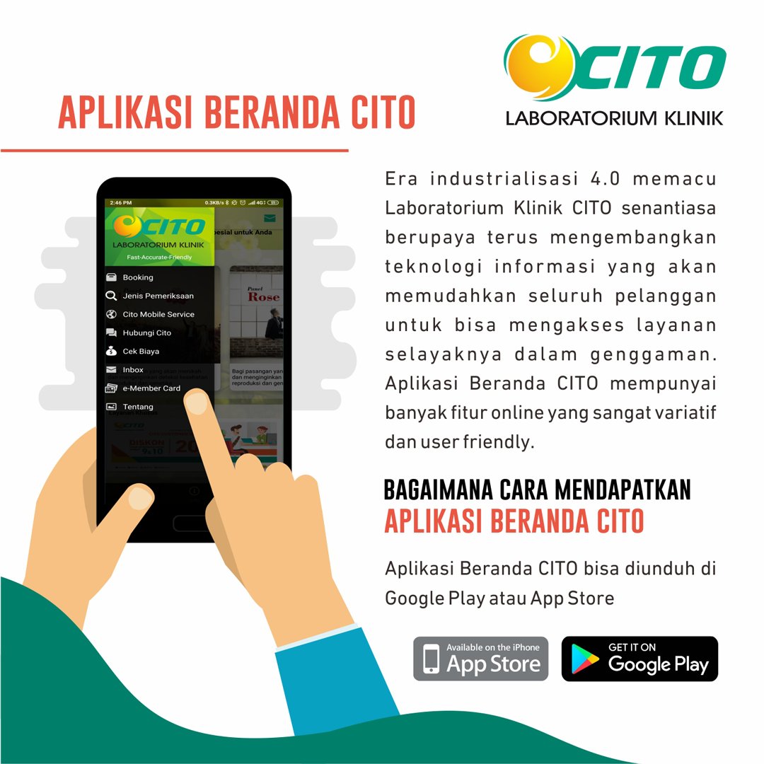 labcito's tweet photo. Download sekarang juga Aplikasi "Beranda Cito" di smartphone.

Kunjungi link berikut untuk mendownload aplikasi Beranda CITO: https://t.co/x1L2ASu7OP

#labcito #citoonetouch #berandacito #aplikasiberandacito #infokesehatan #kesehatan #promokesehatan #yukcheckup https://t.co/ecEDRu6djY