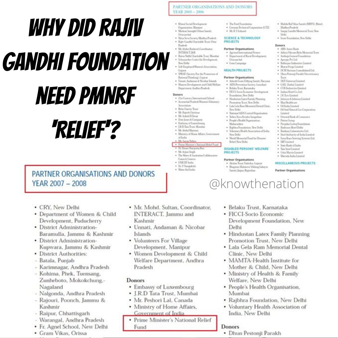 Prime Minister's National Relief Fund meant only for relief work during calamities shows up in the donors' list of the Rajiv Gandhi Foundation #PMNRF does not allocat or donate money for research work to a think tank, foundation or NGO - so were the Gandhis diverting funds?1/n