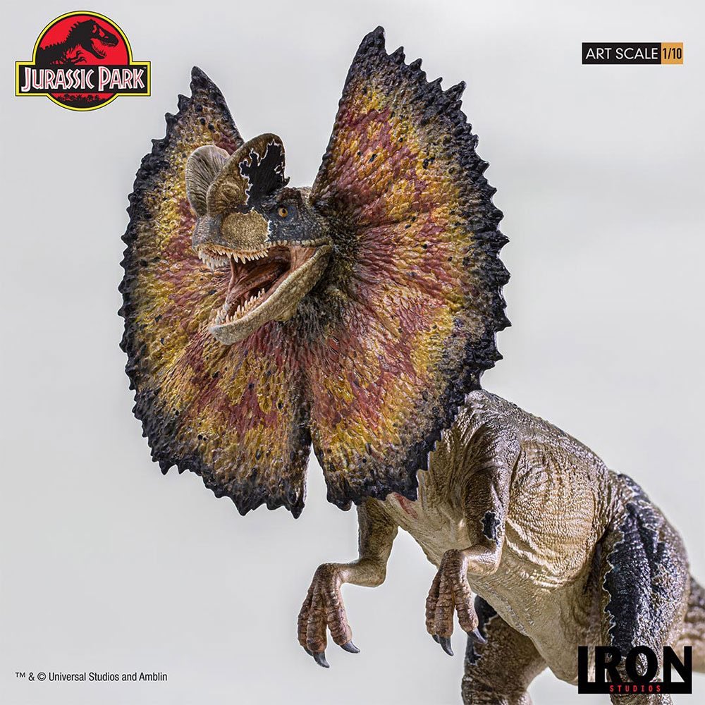 In the novel, the Dilophosaurus was able to spit venom followed by killing Nedry, very graphically. In the movie, it had a frill around its neck similar to a frilled-neck lizard, as well as spitting venom. It was smaller than its real life counterpart though. Art by RAPHTOR.