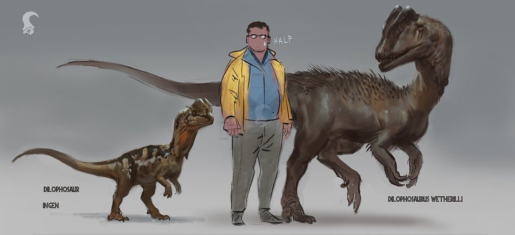 In the novel, the Dilophosaurus was able to spit venom followed by killing Nedry, very graphically. In the movie, it had a frill around its neck similar to a frilled-neck lizard, as well as spitting venom. It was smaller than its real life counterpart though. Art by RAPHTOR.