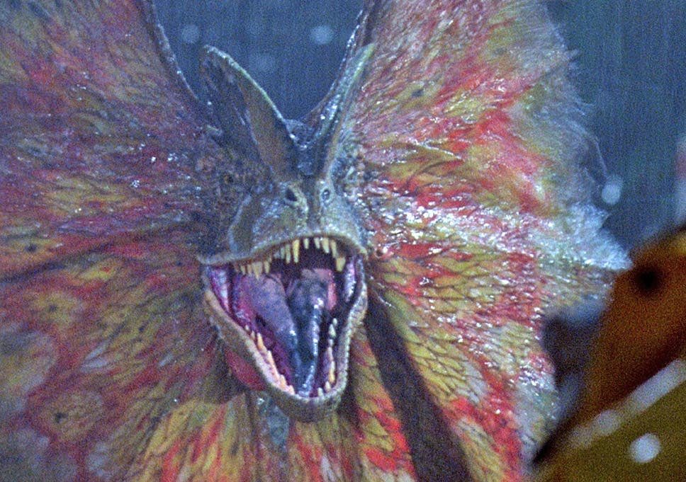 Dilophosaurus was prominently featured in the 1990 novel Jurassic Park and its 1993 movie adaptation, where it had killed Dennis Nedry.