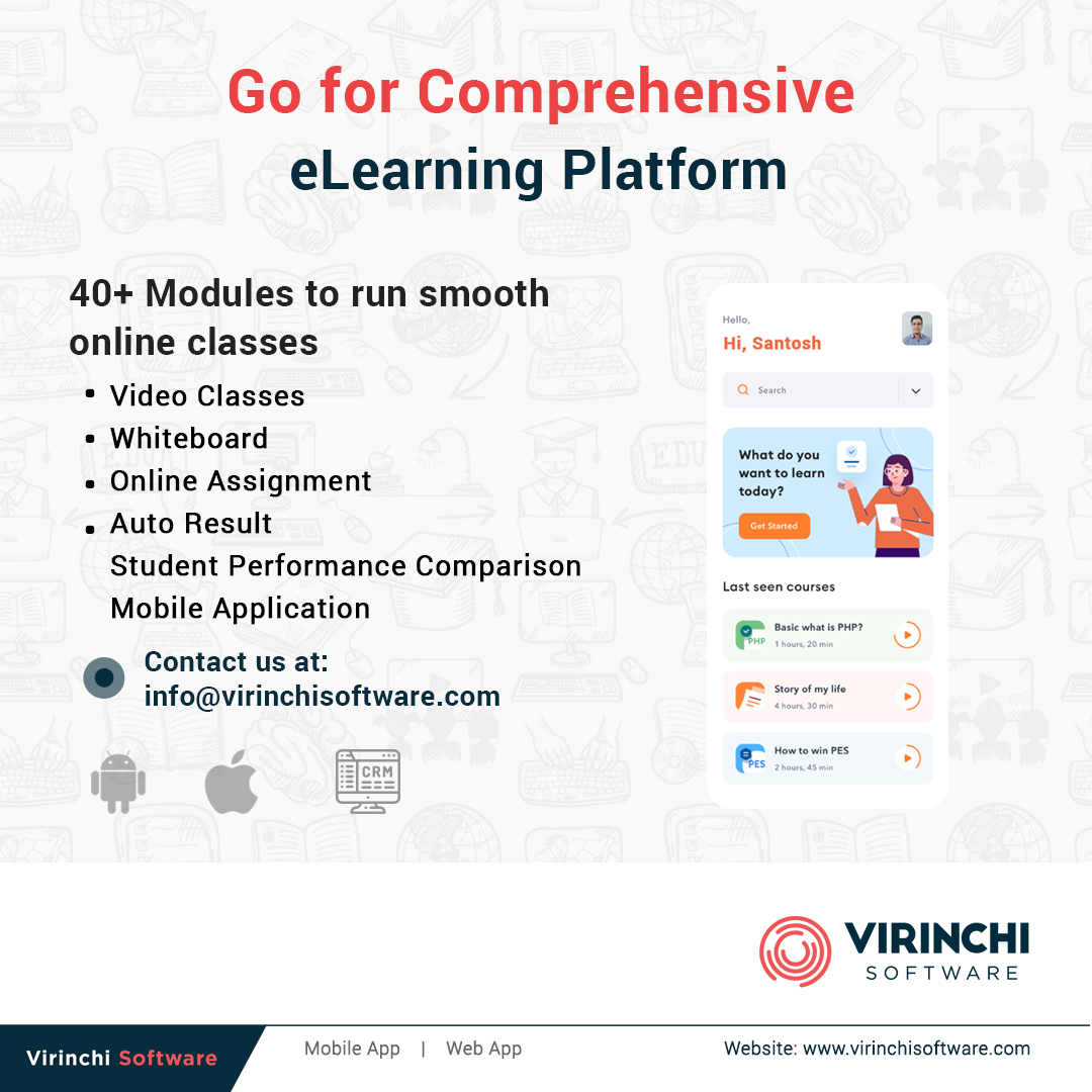 Go for Comprehensive eLearning Platform
40+ Modules to run smooth online classes

👉 Video Classes 
👉 Whiteboard
👉 Online Assignment
👉 Auto Result
👉 Student Performance Comparison
👉 Mobile Application
👉 Contact us at info@virinchisoftware.com

#eLearning  #OnlineAssignment