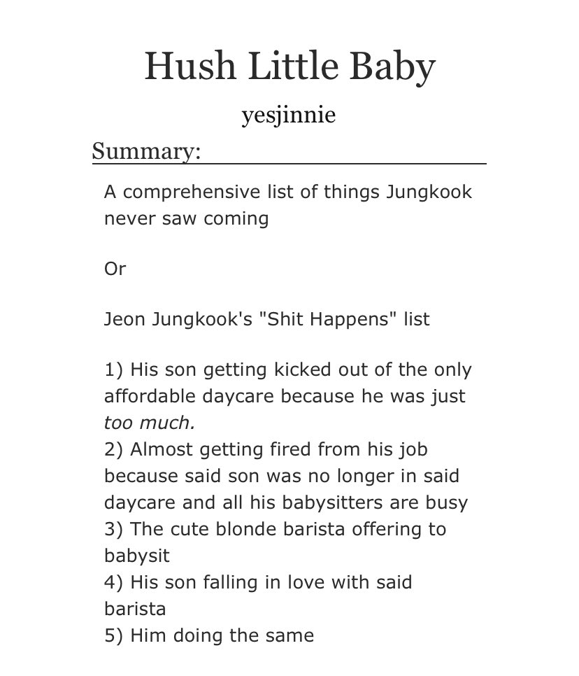 jikook - hella fluffy- jungkook is a single dad- taehyung is jk’s kid- side namjin- side sope  https://archiveofourown.org/works/12622708/chapters/28759984