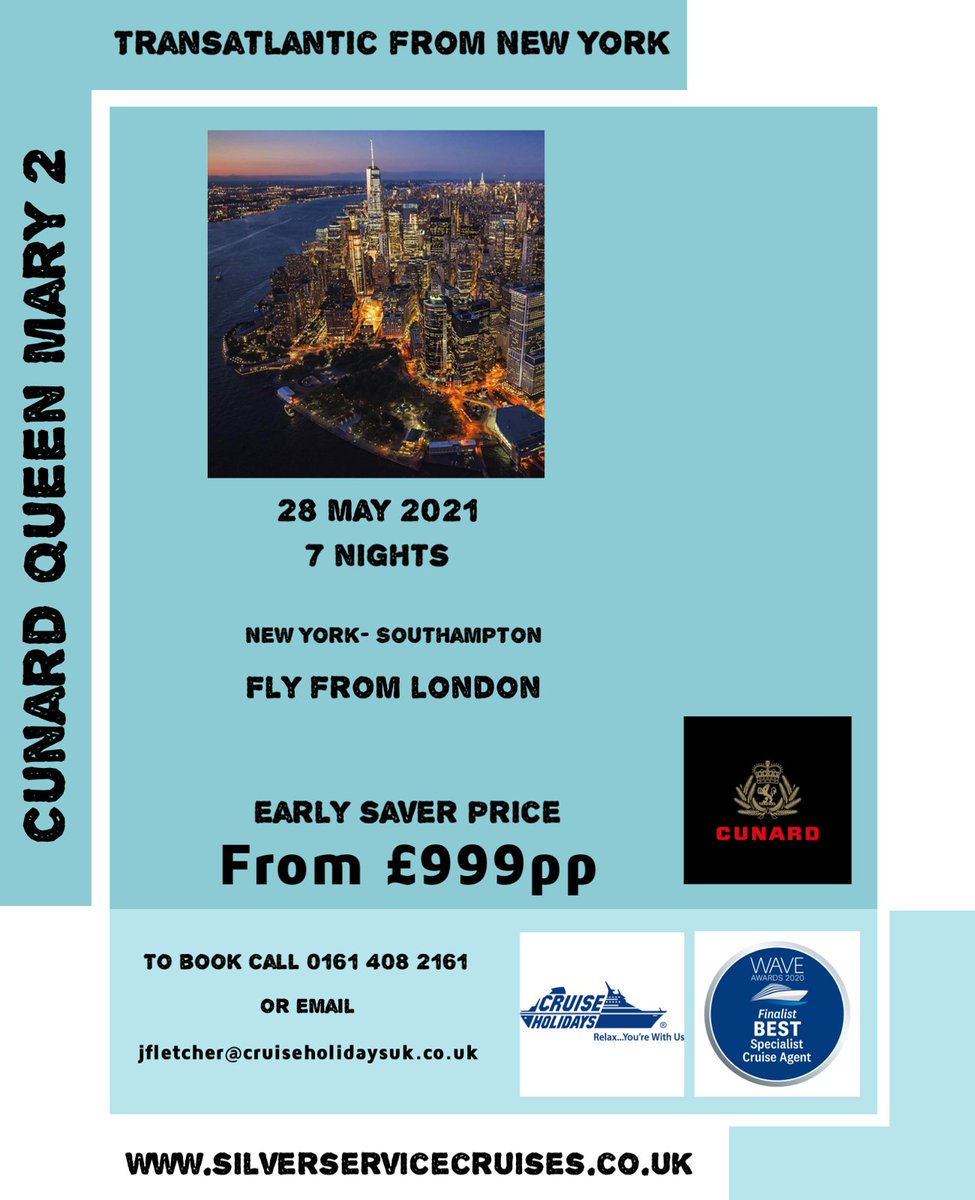 A #QueenMary2 Transatlantic from #NewYork is an experience no one should miss.  Passing the iconic sights and leaving the skyscrapers of Manhattan behind you can enjoy 7 nights of #luxurytravel. 
CALL 0161 408 2161 TO BOOK THIS FANTASTIC OFFER
…servicecruises.cruiseholidaysuk.co.uk/special-offers…