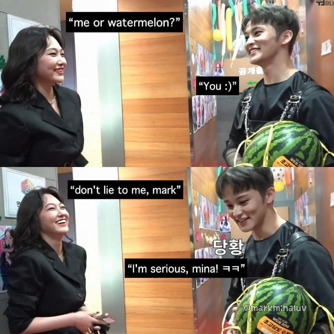 chanhaesun's tweet photo. Mina: Me or watermelon?
Mark: you :)
#markmina ❤💚 https://t.co/hsHRDj6GXB