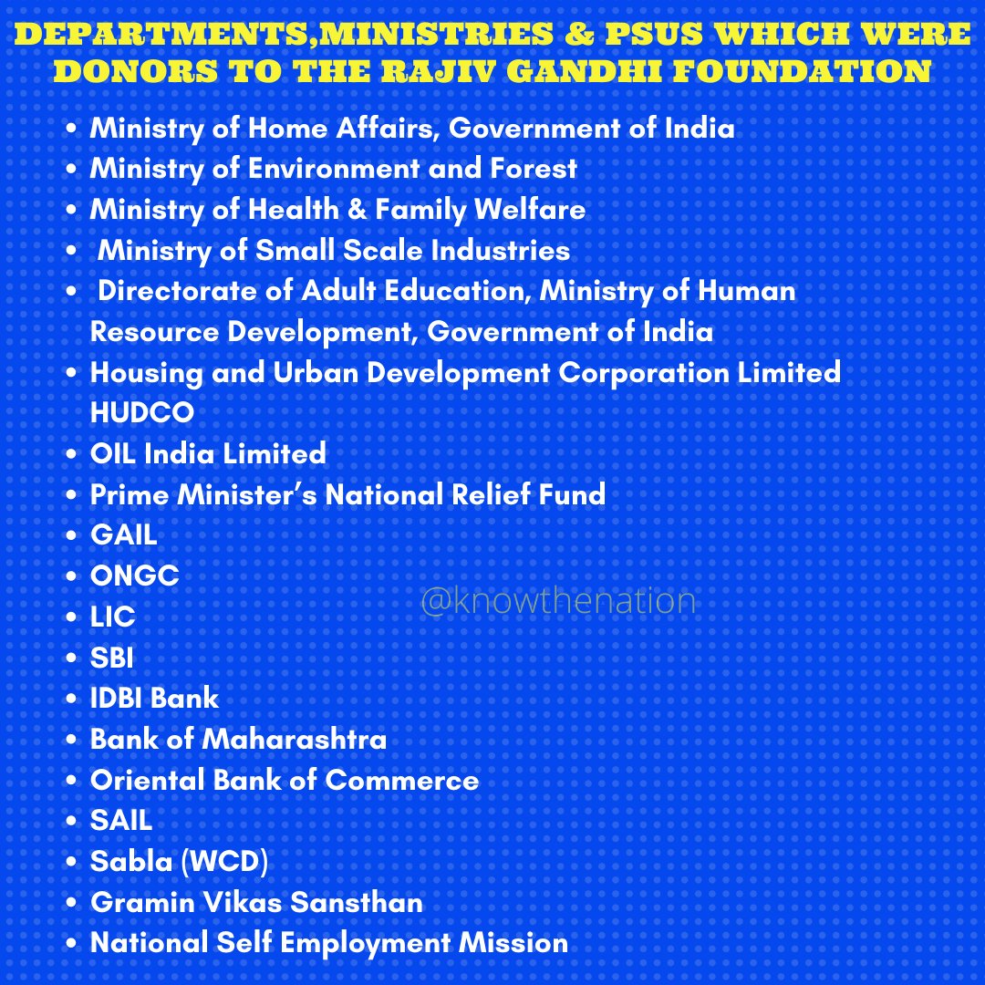 In fact not only the PMNRF, several other government departments, ministries and PSUs including the Ministry of Home Affairs was on the Rajiv Gandhi Foundation donors' list!(2/n)