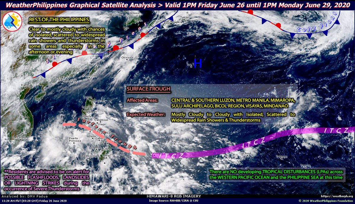 WeatherPH's tweet photo. A wide Surface Trough (part of our rainy season) is generating 🌧️⛈️⛈️🌧️🌧️ across 3/4 of the country. Stay alert against flash floods, lightning strikes, and rare waterspouts/gustnadoes during the presence of Severe Thunderstorms. https://t.co/xKjYj6SvZP

Keep safe as always! https://t.co/AQtHxXST64
