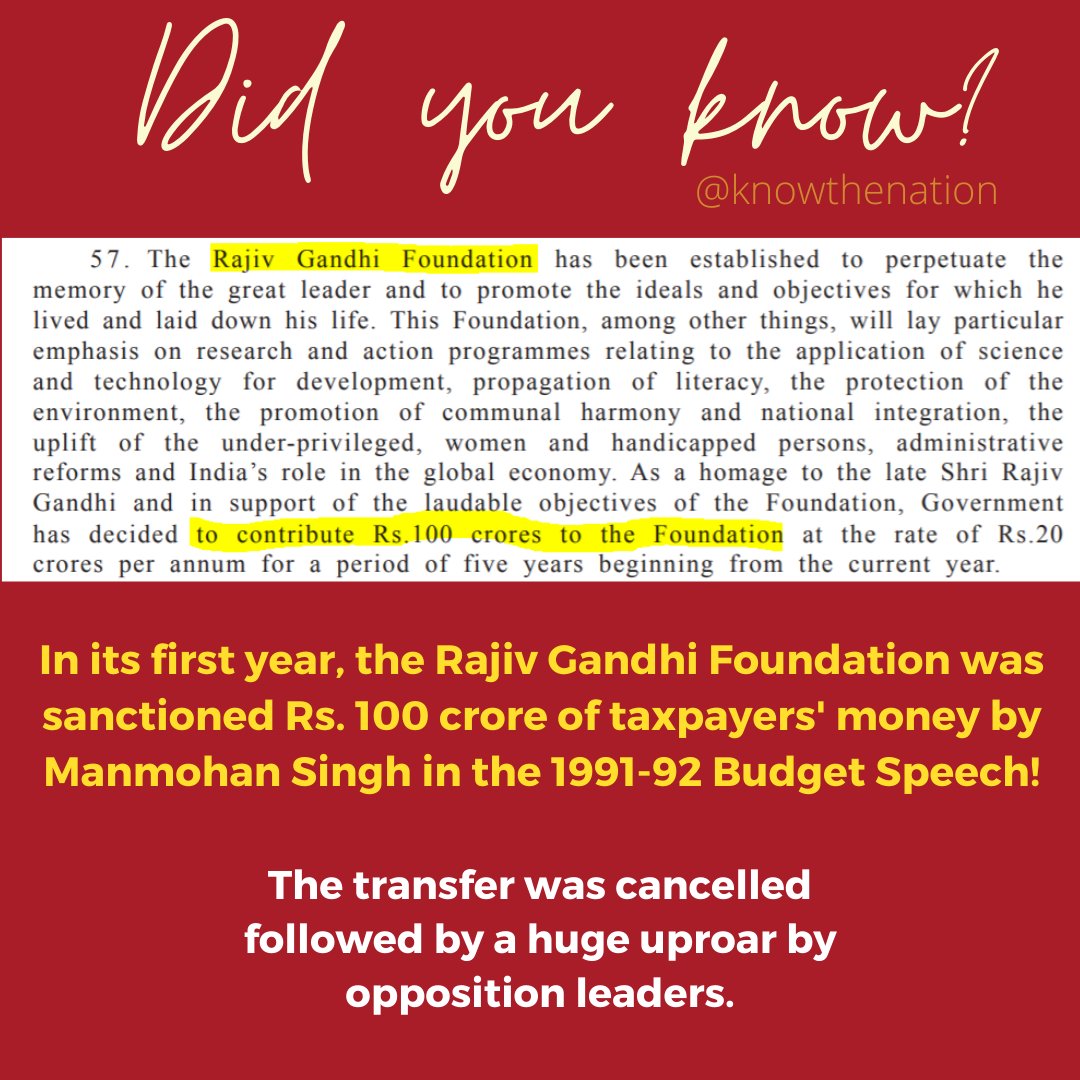 Did you know?In its first year, the Rajiv Gandhi Foundation was sanctioned Rs. 100 crore of taxpayers' money by Manmohan Singh in the 1991-92 Budget Speech!The transfer was cancelled followed by a huge uproar by opposition leaders.(3/n)