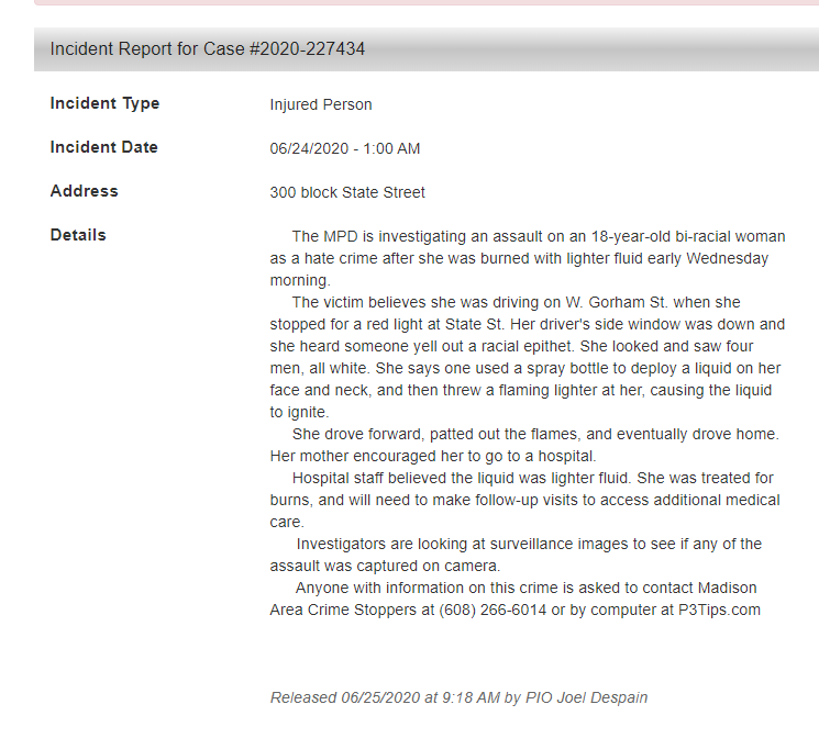 20 minutes later, Althea Berstein claims that 4 white men called her in the N word and attacked her in her car at the intersection of Gorham and State street.