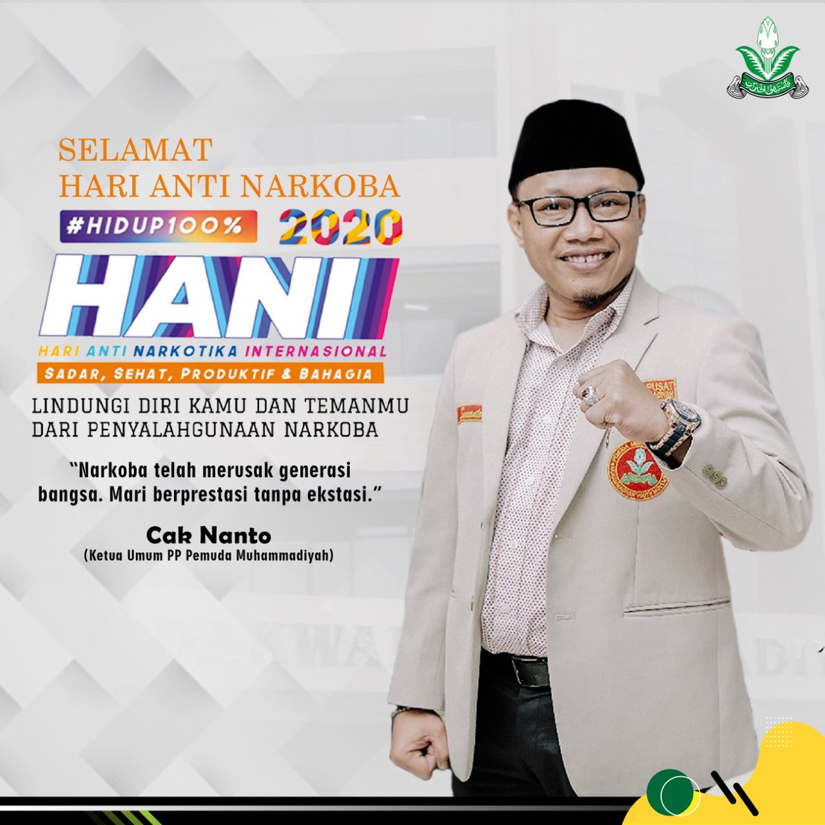 Selamat Hari Anti Narkoba 2020.
Hidup 100% Tanpa Narkoba.
#HariAntiNarkoba #pemudamuhammadiyah