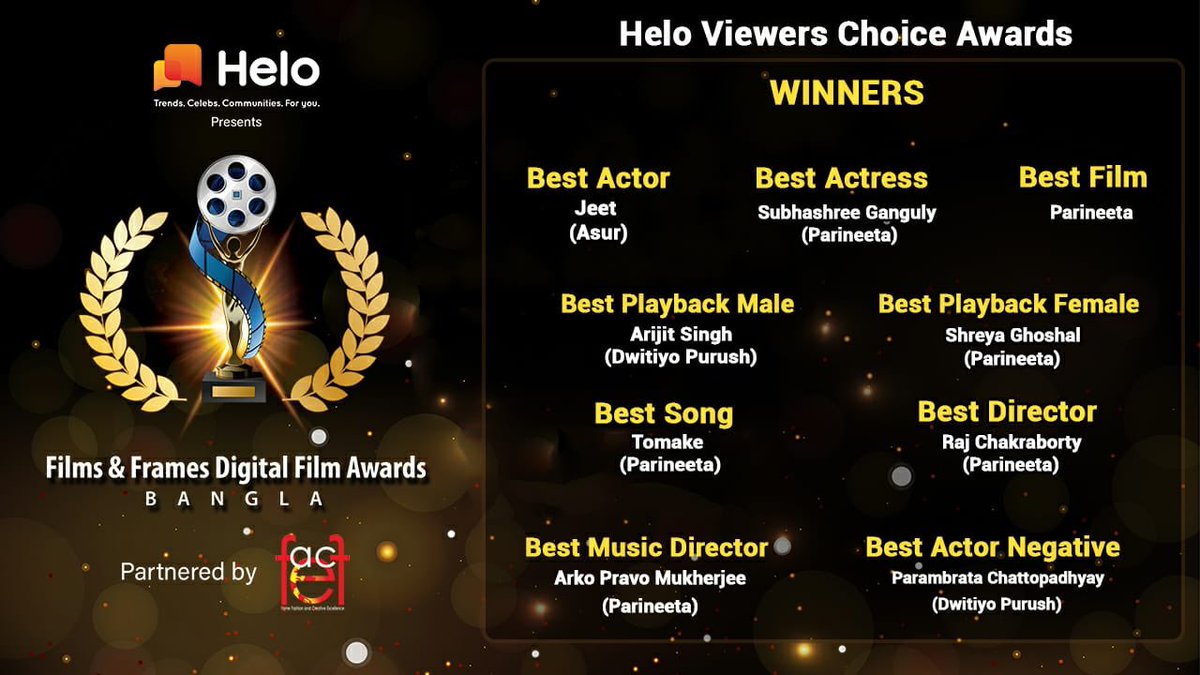 FilmsandFrames's tweet photo. Helo Viewers Choice Awards Results are now out! Congratulations to @jeet30 @subhashreesotwe @iamrajchoco @ArijitSingh_ @paramspeak @shreyaghoshal @ArkoPravo19 @srijitspeaketh 
Jury and Critic Results from Tomorrrow! @itsneilroy @letsfface @gbsaltlake @indraroy @aparajitaauddy https://t.co/p3nM2rNbfg