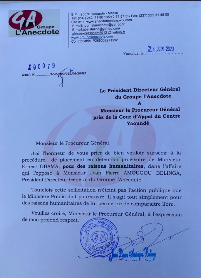 A letter from the President of l’Anecdote group stopped all legal actions against Mr. Ernest Obama yesterday, though accused he may appear in court anytime need arises.Mr. Amougou Belinga said that he stopped all legal actions for humanitarian reasons.