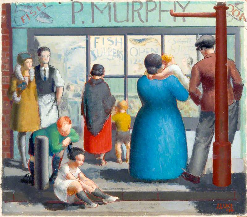 AliceStrang's tweet photo. Anyone else like fish and chips on a Friday? Fish and Chip Shop 1931 by Belfast born, @UlsterUni &amp; @SladeSchool trained, @RedfernGallery exhibitor John Luke (1906-75). Oil on board. Collection of @RoyalUlsterAcad. (c) Artist's Estate. #FridayFeeling #fishandchips https://t.co/JNi7eo1R3o