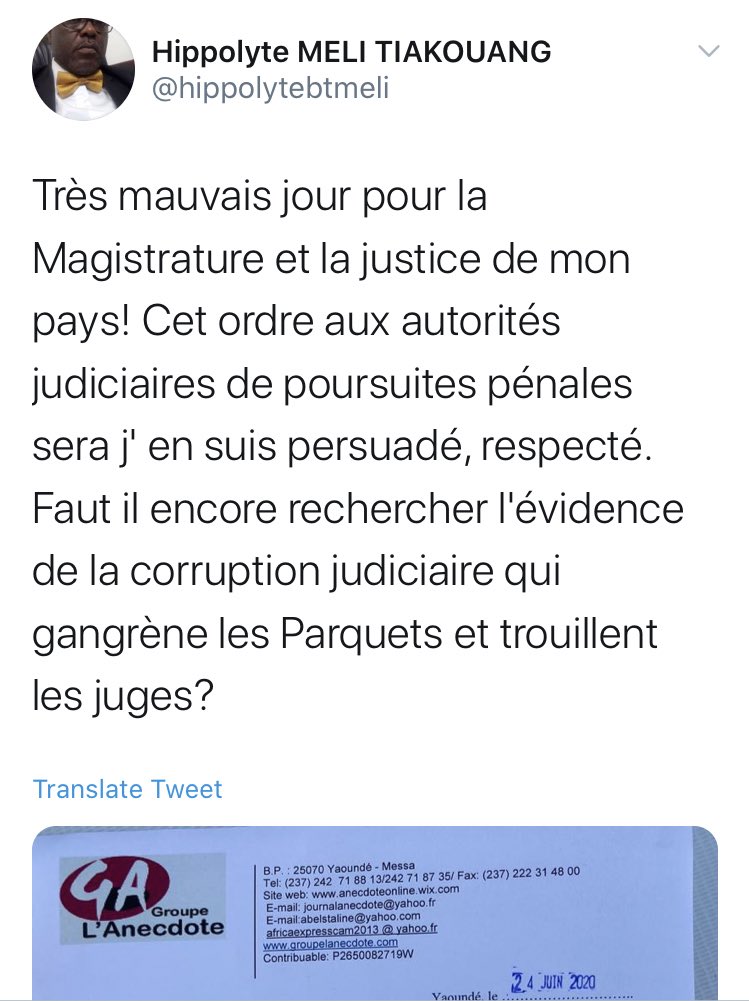 Reactions: Maitre Meli Tiakouang says yesterday was a “very bad day for the Judiciary and justice in his country! Should we still look for evidence of judicial corruption that plagues public prosecutors and disturb judges?”