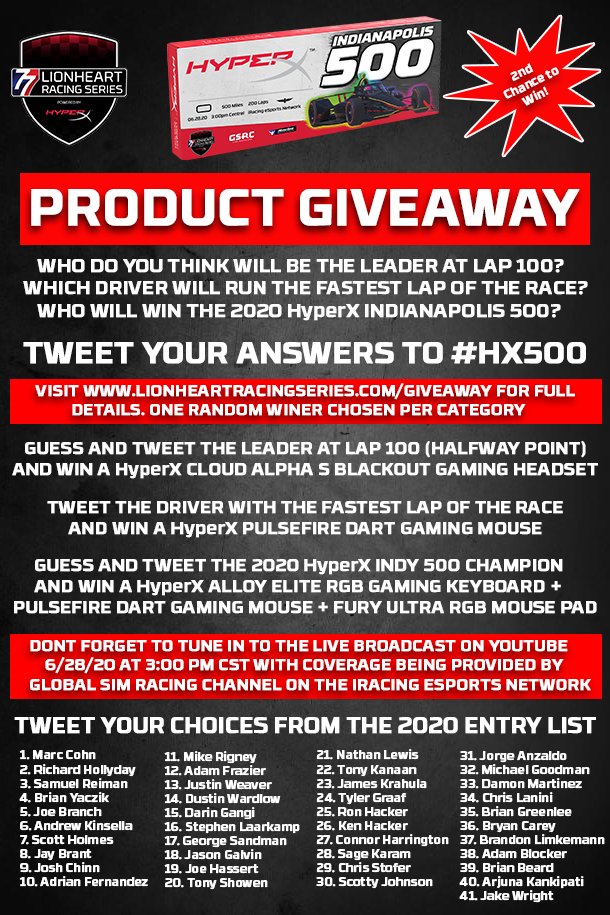 LionheartSeries's tweet photo. Hey everyone part two of the @HyperX giveaway is underway! Tweet your answers to #HX500 and win some cool HyperX gear! visit https://t.co/jgSsmH6MWG for full details
@LionheartSeries 
#ThisIsLionheart #HyperX #hyperxfamily #hyperxgaming #Indycar #eSports #simulation #iRacing https://t.co/9OEXp3CU0S