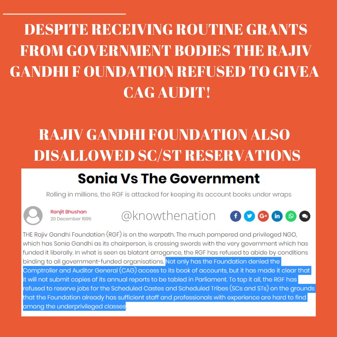 Despite receiving routine grants from government bodies, the Rajiv Gandhi Foundation refused to givea CAG audit!Rajiv Gandhi Foundation also disallowed SC/ST reservations.(5/n)
