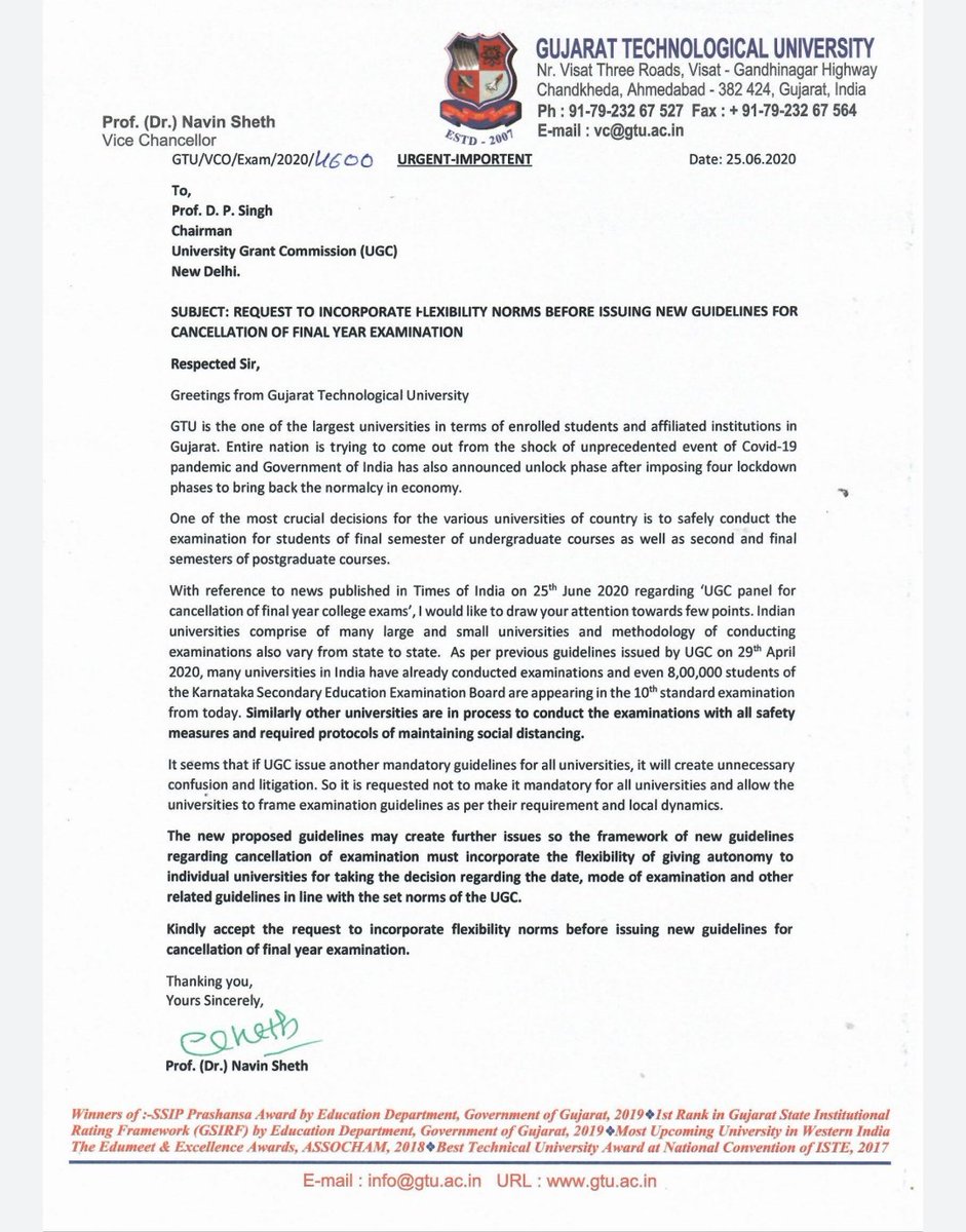 RAJESH161199's tweet image. VC requesting UGC to grant permission to individual Universities for taking the decision regarding the exams &amp;amp; comparing Gujarat with Karnataka..does he knows Gujarat is in 4th position in India??? regarding increasing cases... #Save_GTU_Students