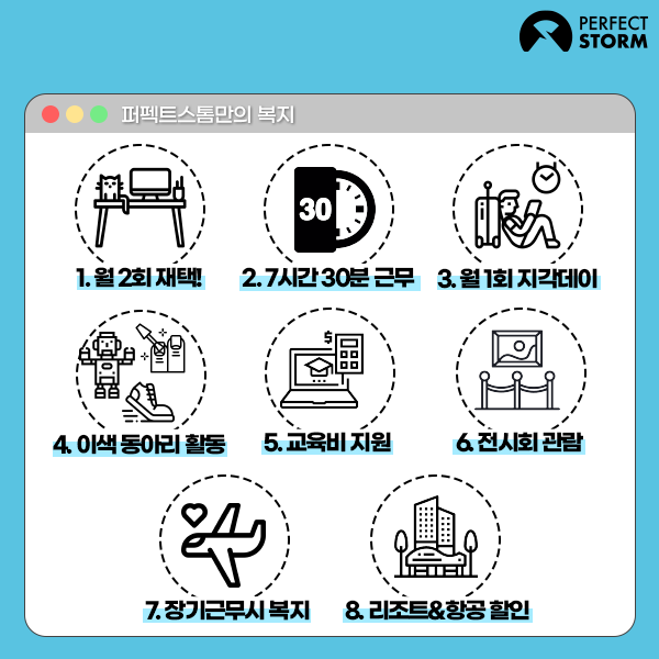 재택🏠, 지각데이⏰, 한 달 유급 휴가💸 등 꿈꾸던 복지가 다~있는 회사, 퍼펙트스톰의 복지를 소개합니다 ‼ 건강검진📝, 가족외식지원비 🍴...