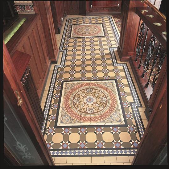 Recreate Victorian and Edwardian patterns in halls, kitchens, bathrooms and patios. #interiordesign #floordesign #floortiles #patterntiles #detailtiles #colourfultiles