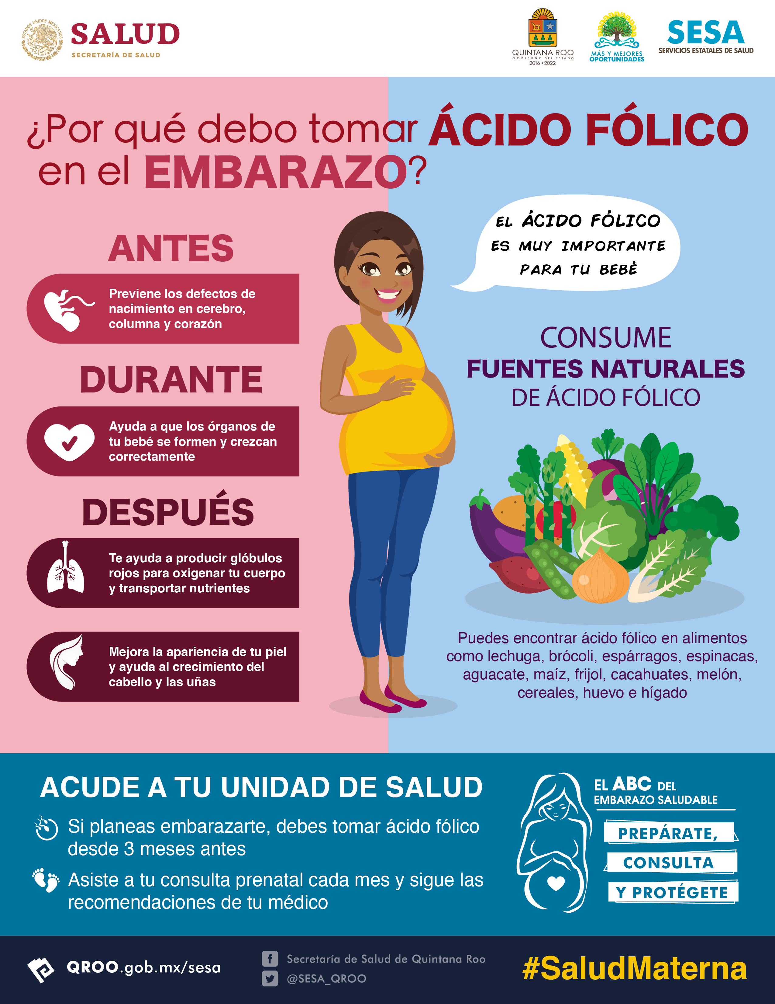 SESA Quintana Roo on X: ¿Por qué debo tomar ácido fólico en el embarazo?  #SaludMaterna  / X