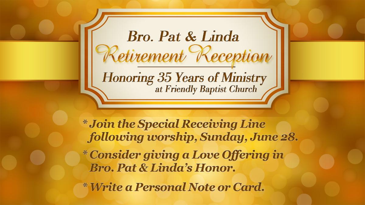 patrickjayalvey's tweet photo. Please join us as we honor Pat &amp; Linda Alvey as they retire following 35 years of Ministry at Friendly Baptist -- Sunday Morning at 10:15. https://t.co/NIS5FqLygb https://t.co/OAaXZISiR9