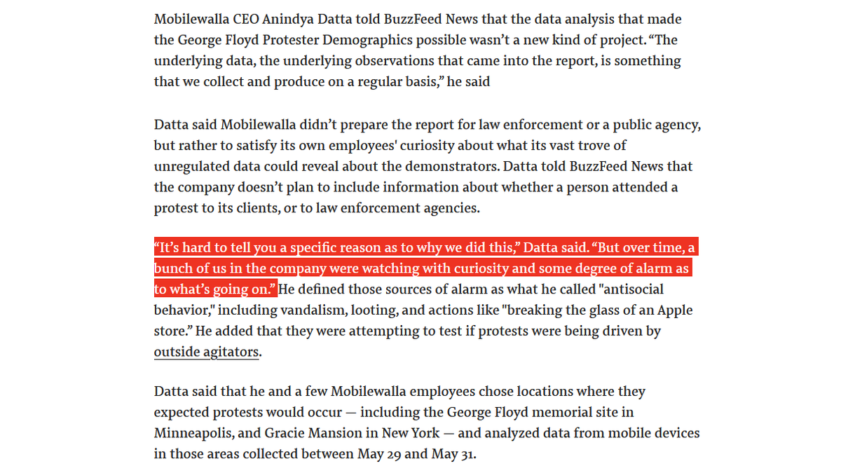 This level of naiveté and irresponsibility is breathtaking:- "So, why did you analyze individual-level data on protestors?"- "Just out of curiosity, ya know, and because we can." https://www.buzzfeednews.com/article/carolinehaskins1/protests-tech-company-spying