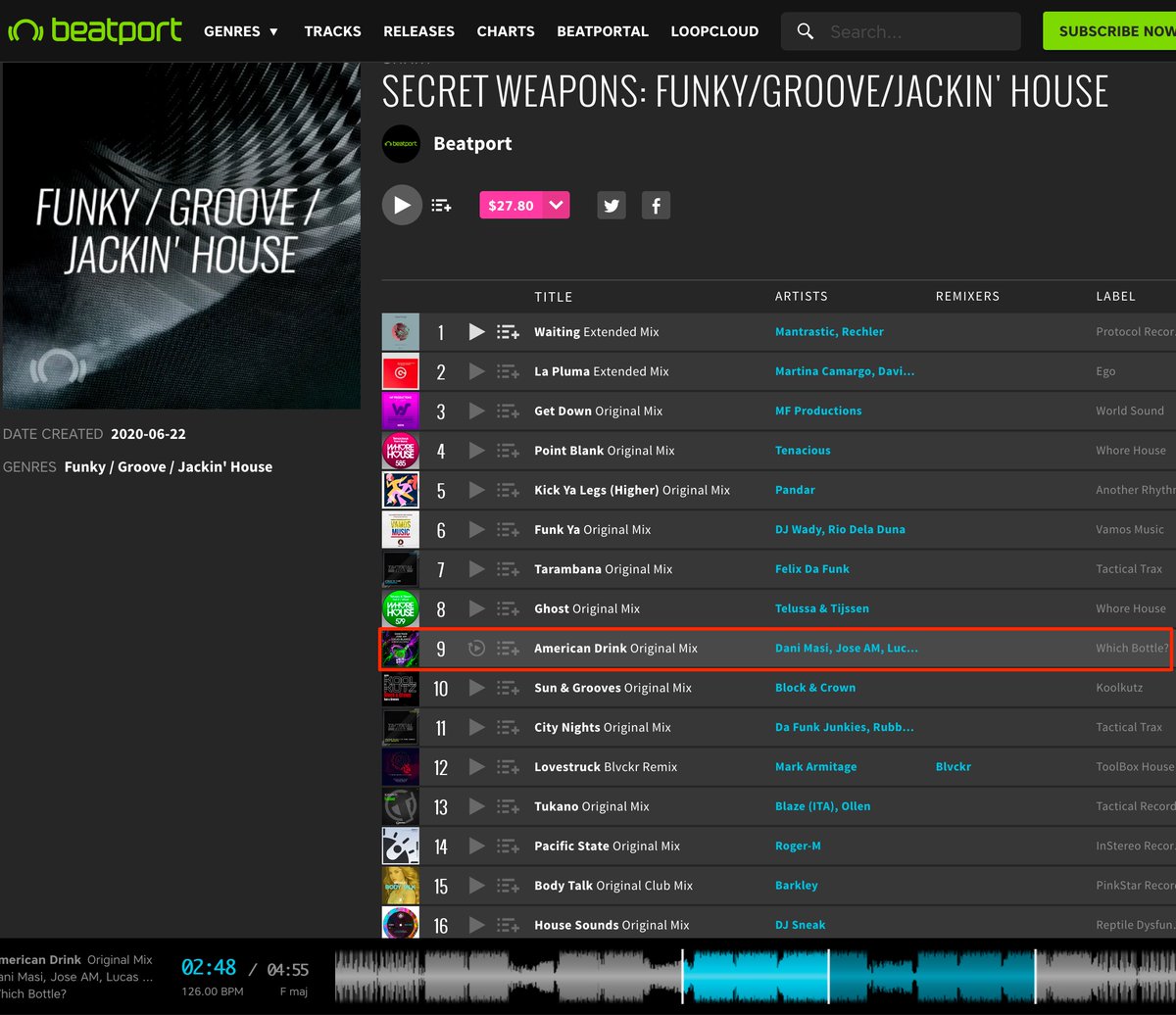 Big thanks to <a href="/Beatport/">Beatport</a> for new support of "American Drink" by <a href="/DaniMasiDj/">Dani Masi</a>, <a href="/JoseAMdeejay/">Jose AM</a>  and <a href="/DjLucasBlanco/">Lucas Blanco</a>! This time in official "Secret Weapons: Funky/Groove/Jackin House" chart! Buy link: bit.ly/2BR3Jwn 
#Beatport