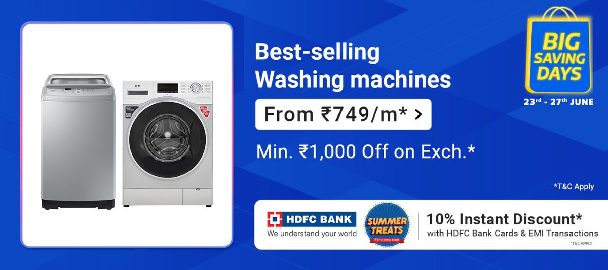 eShopDeals_in's tweet photo. Best-selling Washing Machines From Rs.749/mo Shop now https://t.co/WHIYCVCBXo.

#Flipkart #WashingMachine #BigSavingDays #SummerTreats https://t.co/yQXX15hE98