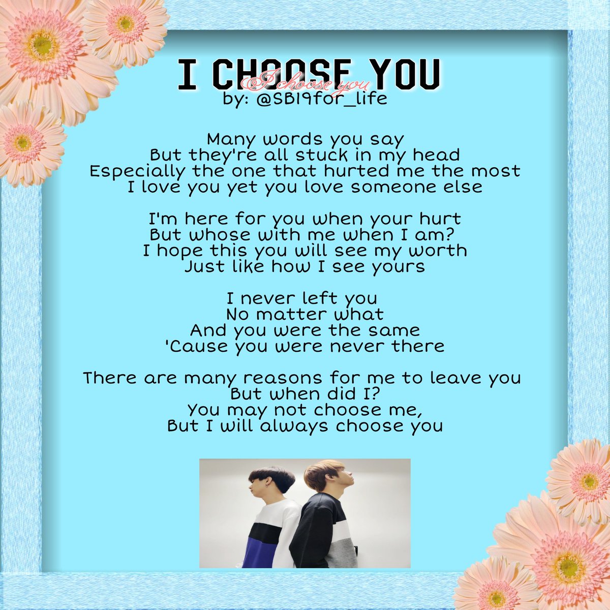 reese_cart's tweet photo. " I choose you " written by yours truly
This is my entry for @joshtin_fics 's #JnJPoetryFest
@SB19Official
#SB19VotingDay
#BeAxOne https://t.co/qCXUehvtFn