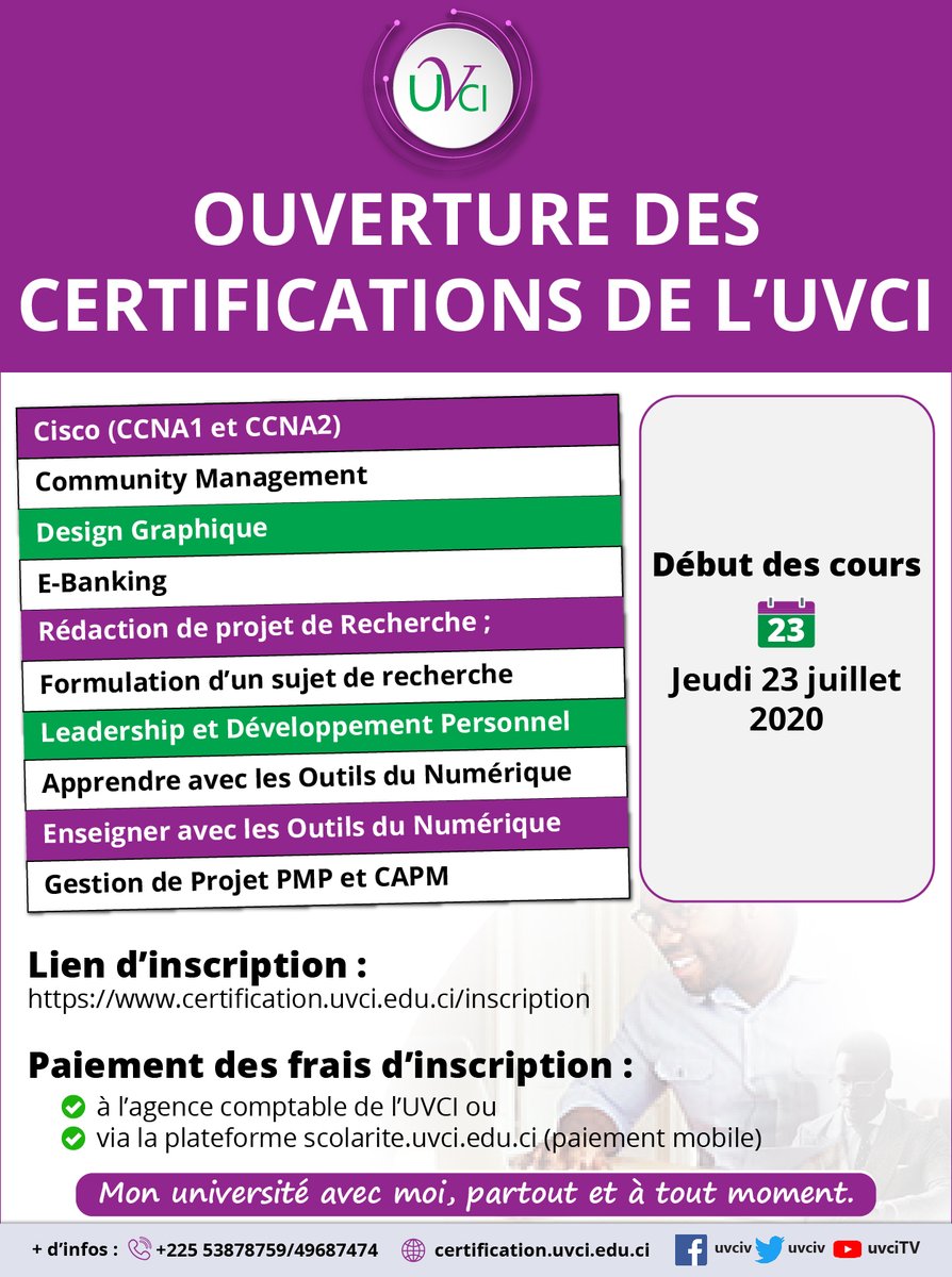 uvciv's tweet photo. #civedu Ouverture des certifications de l'@uvciv. Venez-vous former dans les métiers d'avenir.
@Gouvci @mesrsci @LeCames @MIANSEH @CsiUvci @Clauvci @DeKorhogo @MarketinUvci #PMP #CAPM @CiscoAfrica @ccna https://t.co/mAx0AENQAY