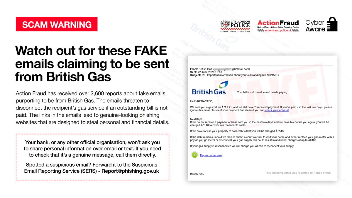 reportfrauduk's tweet photo. ⚠️Alert: We’ve received over 2,600 reports about these FAKE British Gas emails. 

The links in the emails lead to phishing websites that are designed to steal your personal and financial info!

If you spot a suspicious email, forward it to: report@phishing.gov.uk 

#PhishyFridays https://t.co/FHHdF2rRe5