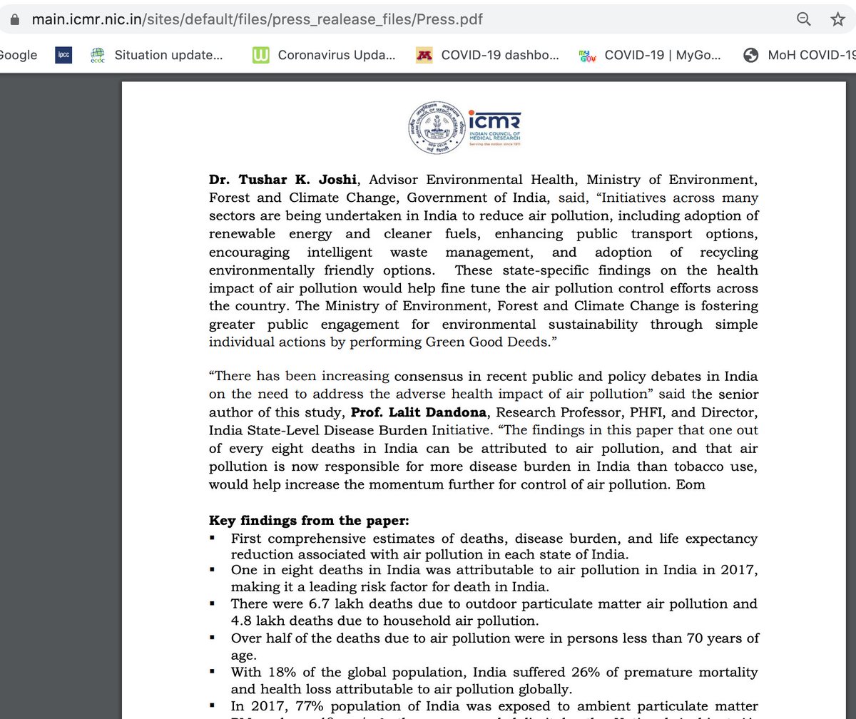 On  #AirPollution the govt denies there's “conclusive data… to establish a direct correlation of death/disease exclusively due to air pollution.”  http://loksabhaph.nic.in/Questions/QResult15.aspx?qref=13905&lsno=17Although this  #ICMR note links over a million deaths in India to air pollution  https://main.icmr.nic.in/sites/default/files/press_realease_files/Press.pdf