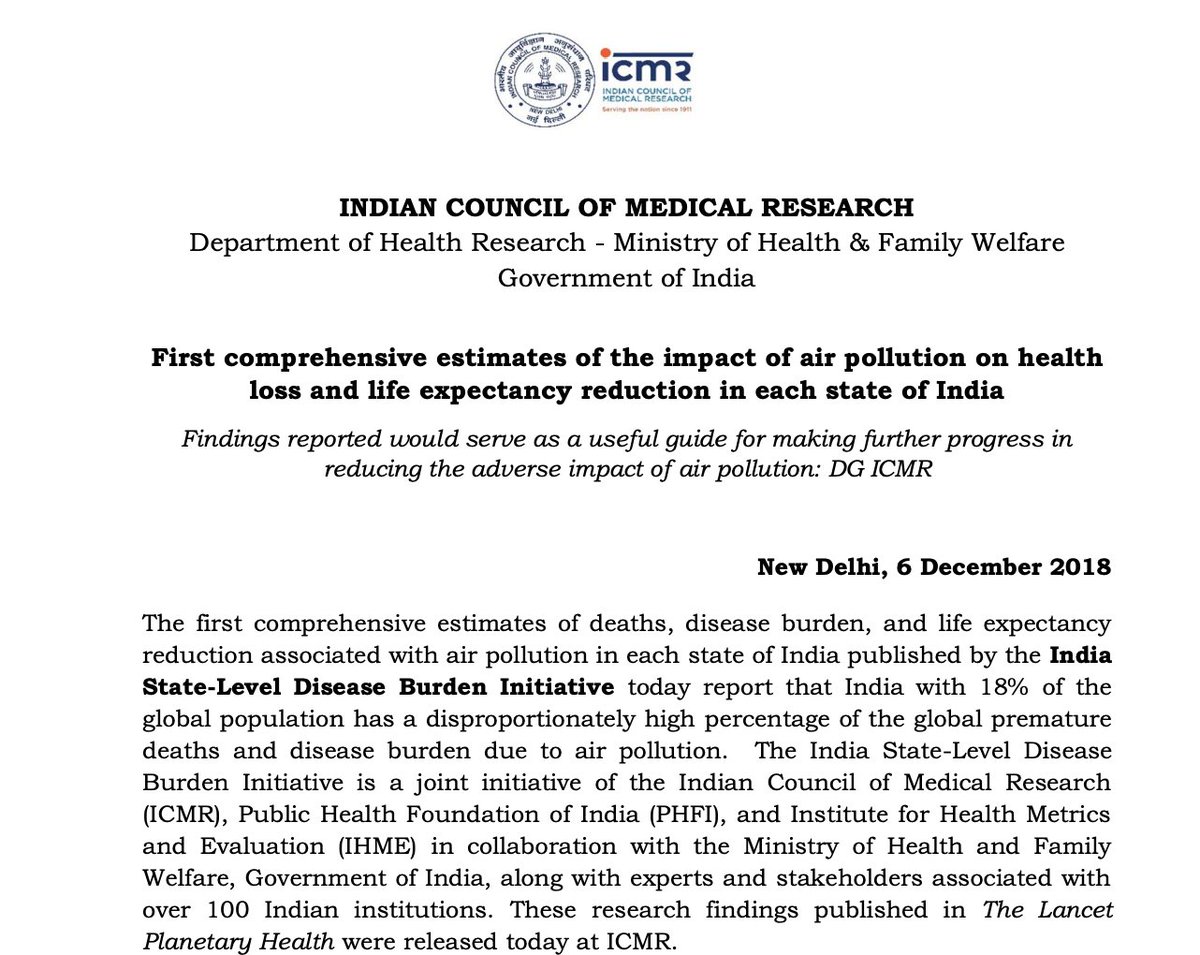 On  #AirPollution the govt denies there's “conclusive data… to establish a direct correlation of death/disease exclusively due to air pollution.”  http://loksabhaph.nic.in/Questions/QResult15.aspx?qref=13905&lsno=17Although this  #ICMR note links over a million deaths in India to air pollution  https://main.icmr.nic.in/sites/default/files/press_realease_files/Press.pdf