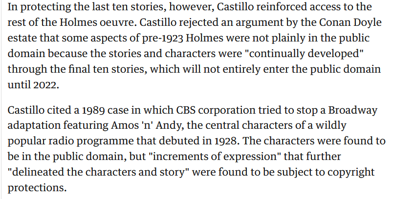 In fact, the judge found that the later character developments meant that the Holmes and Watson of the last ten stories were, for legal purposes at least, entirely separate characters.
