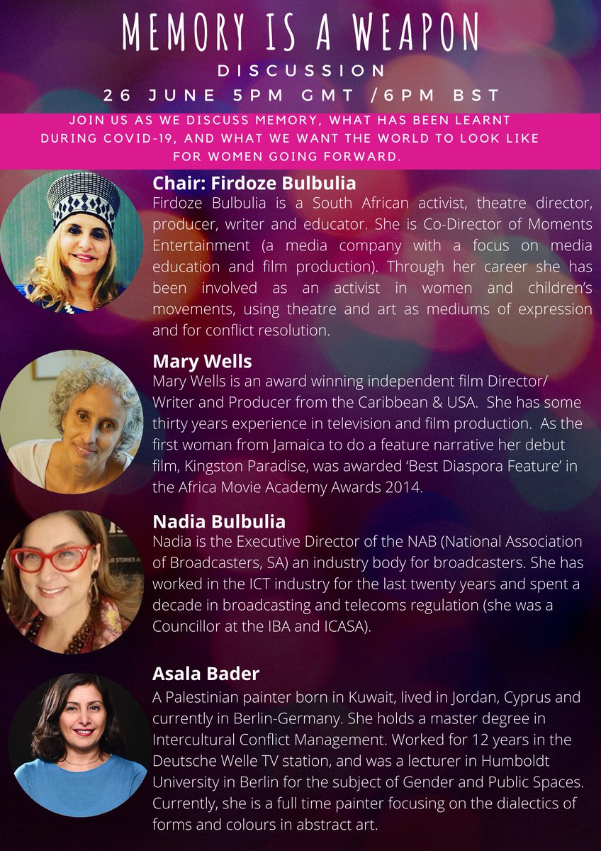 memoryisaweapon's tweet photo. Join us on Facebook at 5pm GMT/ 7pm SAT this evening as we are joined by a panel of amazing women to discuss #MemoryisaWeapon
@arctivists @FIRDOZ https://t.co/wI9yM7ahyL