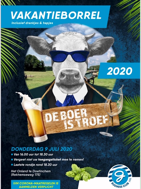 Graag nodigen wij u uit voor de vakantieborrel 2020. Op 9 juli vanaf 16.00 uur verwelkomen wij u graag op het prachtige weiland van Het Onland.  
Uiteraard nemen wij alle RIVM maatregelen rondom COVID-19 in acht. 

Aanmelden is verplicht. Kijk hiervoor in de BC-app.

Tot dan!