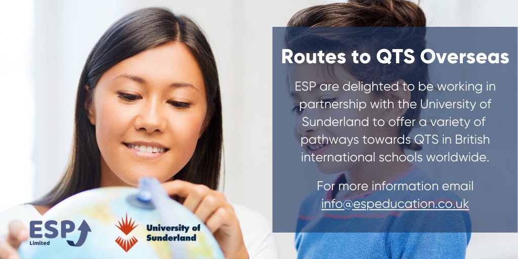 ESPEducationLtd's tweet photo. Find out more about our international pathways to QTS with  @sunderlanduni at https://t.co/s2AFbXPNZG offering high-quality professional development to teachers in all British international schools https://t.co/dVx5U0SaQR