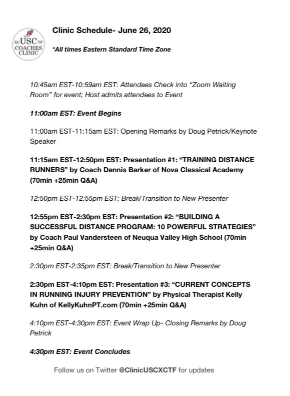 ClinicUSCXCTF's tweet photo. Today is @ClinicUSCXCTF day- June26 ❗️

Excited to host 🏃‍♀️🏃🏻 Clinic 

3 presenters...

⚫️@dbinsaintpaul 

⚪️@PVsteen 

🔴@mrskuhn09 

🕰 Check in 10:45am EST- 10:59am EST

🎥 Programming starts 11am EST ❗️

😎See you soon 👍

@FleetFeetPitt 
@RUNwithP3R 
@FitLabPgh https://t.co/mSoWSffg3b