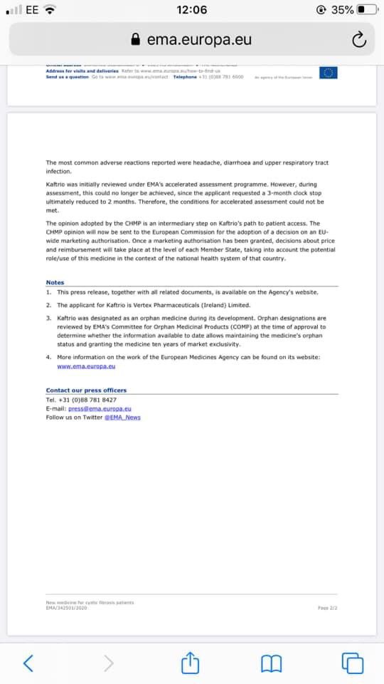 #KaftrioNow

👇🏻👇🏻
...approved by the ema

We have up to 67 days to get an interim deal on <a href="/NHSEngland/">NHS England</a>

Come on <a href="/blakeydark/">Blake Dark</a> <a href="/pmrleahy/">Patrick Leahy</a> <a href="/VertexPharma/">Vertex Pharmaceuticals</a> $vrtx 
We need #KaftrioNow for up to 90% of pw #Cysticfibrosis
.<a href="/MattHancock/">Matt Hancock</a>  you promised you’d help
#saveCFlives <a href="/cftrust/">Cystic Fibrosis Trust</a> <a href="/Alidilly/">Ali Dillon 💙 NHS</a>